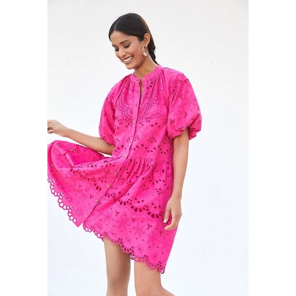 By Anthropologie Tallulah Pink Eyelet Puff Sleeve Dress Button Down Size M